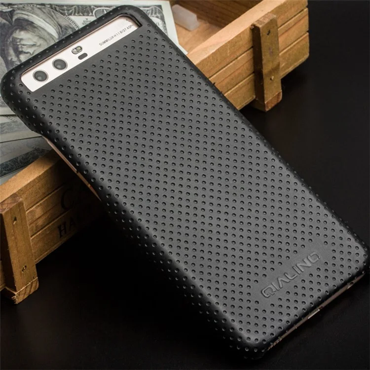 QIALINO Mesh Holes Genuine Leather Skin PC Phone Case for Huawei P10  - Black
