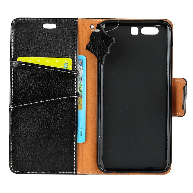 Genuine Leather Crazy Horse Texture Wallet Protective Case with Stand for Huawei Honor 9 - Black