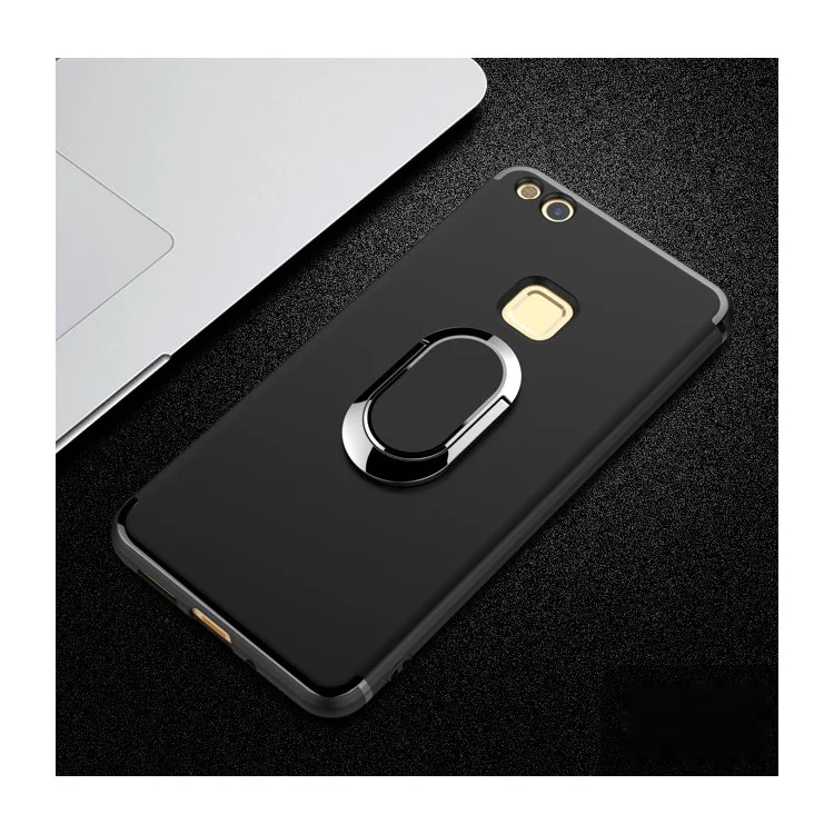 For Huawei P10 Lite Magnetic Ring Holder Kickstand Matte TPU Back Case - Black