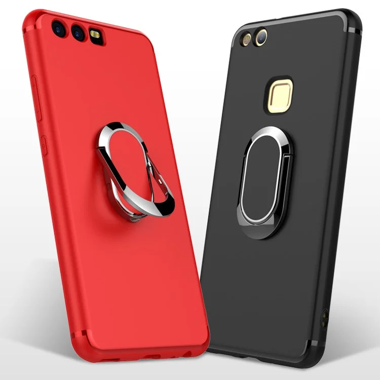 For Huawei P10 Lite Magnetic Ring Holder Kickstand Matte TPU Back Case - Black