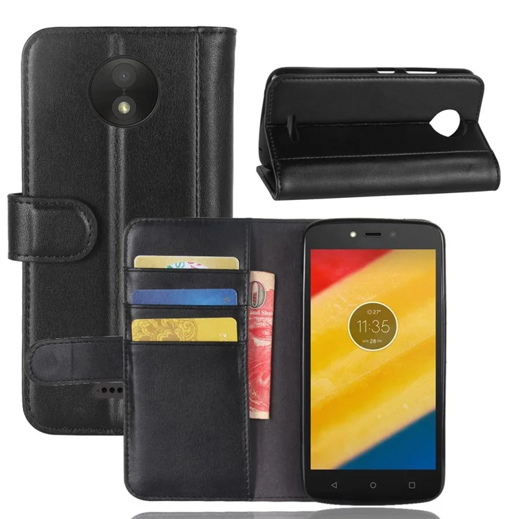 Genuine Split Leather Wallet Stand Phone Case for Motorola Moto C Plus - Black