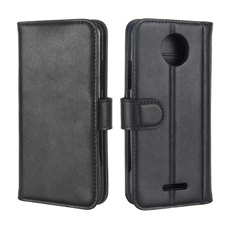 Genuine Split Leather Wallet Stand Phone Case for Motorola Moto C Plus - Black