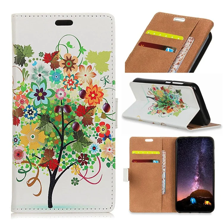 Patterned Leather Wallet Stand Mobile Cover for Motorola Moto X4 - Tree with Colorful Leaves and Fruits
