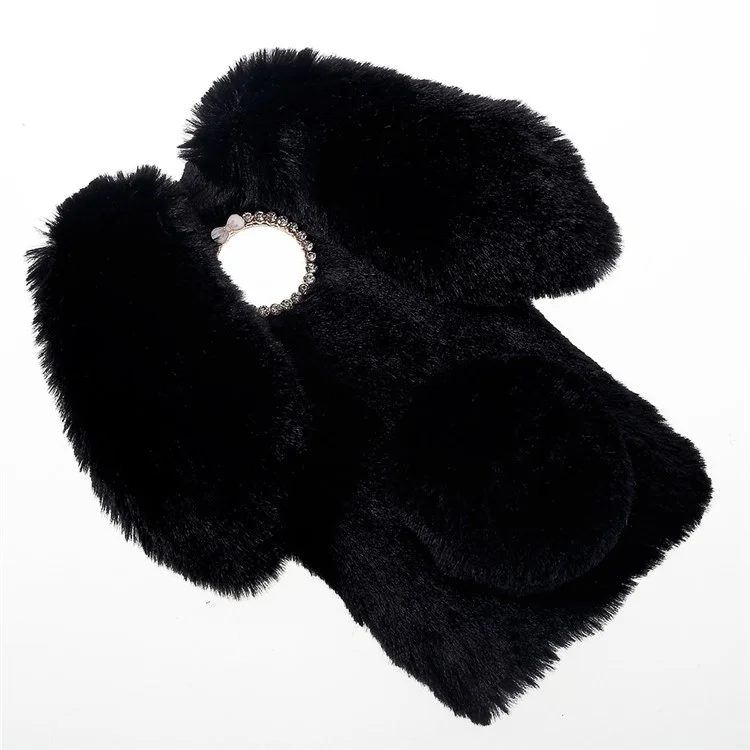 Rabbit Shape Fluffy Fur Coated Rhinestone TPU Gel Case for Motorola Moto E4 Plus (US Version) - Black