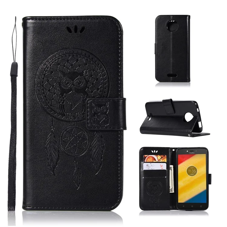 Imprinted Dream Catcher Owl Leather Wallet Case for Motorola Moto C Plus - Black