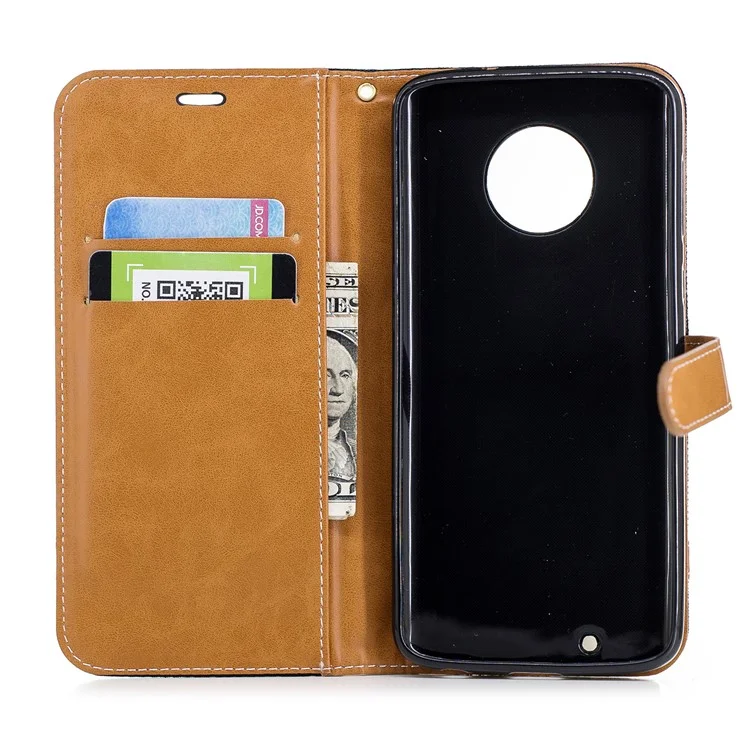 Splicing Jean Cloth PU Leather Wallet Stand Case with Strap for Motorola Moto G6 - Black