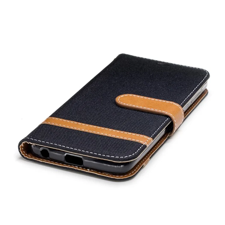 Splicing Jean Cloth PU Leather Wallet Stand Case with Strap for Motorola Moto G6 - Black