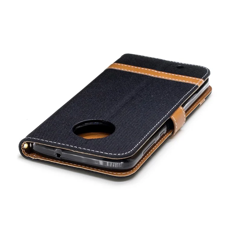 Splicing Jean Cloth PU Leather Wallet Stand Case with Strap for Motorola Moto G6 - Black