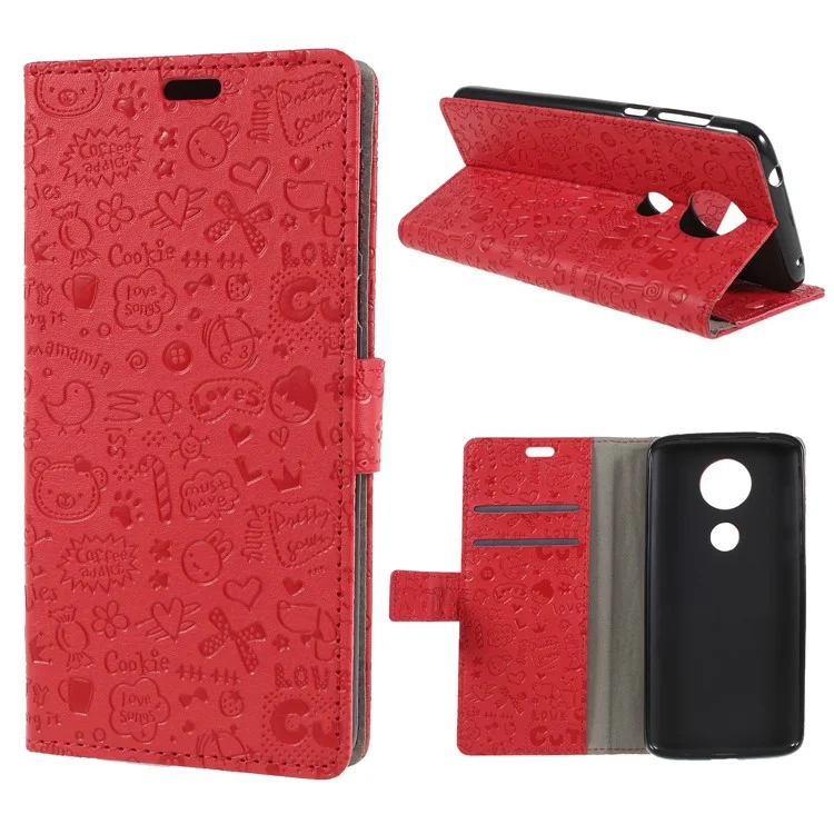 Cartoon Graffiti PU Leather Wallet Stand Case for Motorola Moto E5 Plus - Red