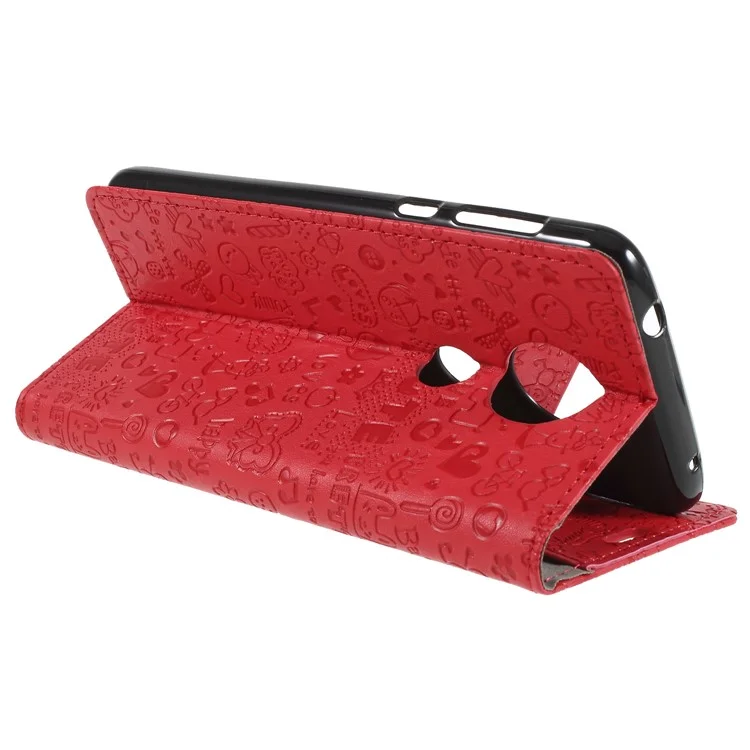 Cartoon Graffiti PU Leather Wallet Stand Case for Motorola Moto E5 Plus - Red