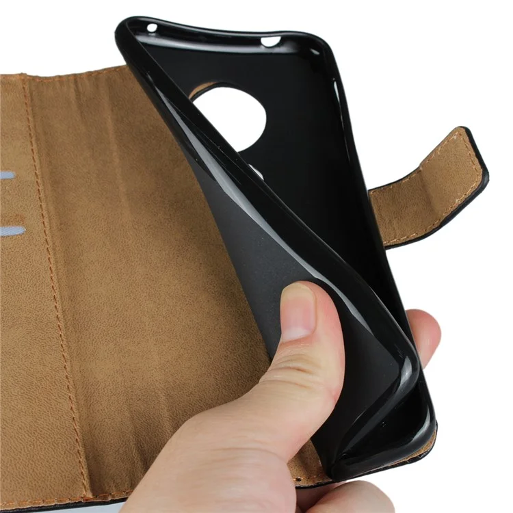Genuine Leather Wallet Stand Phone Cover Case for Motorola Moto E5 Plus - Black