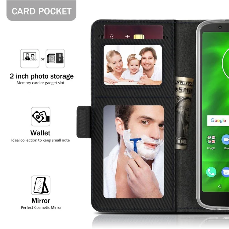 Leather Wallet Stand Case with Card Holder and Makeup Mirror for Motorola Moto G6 Plus - Black