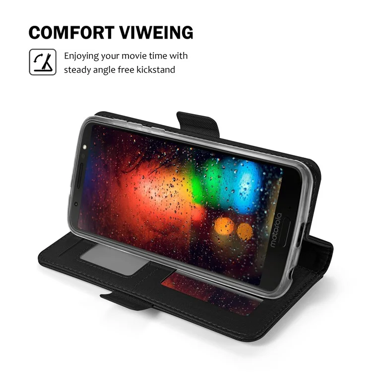 Leather Wallet Stand Case with Card Holder and Makeup Mirror for Motorola Moto G6 Plus - Black