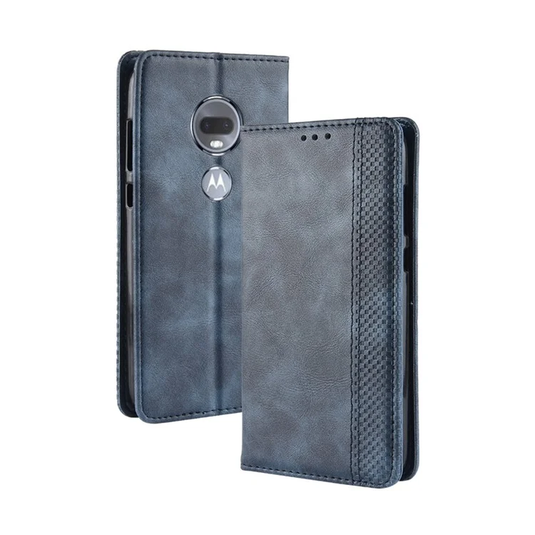 Auto-absorbierte Ledernes Mobiles Gehäuse Des Vintage-Stils Für Motorola Moto G7 / G7 Plus. - Blau