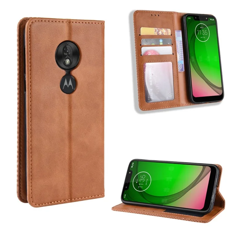 Vintage Cuir Auto-absorbé Par Téléphone Portable Pour Motorola Moto G7 Play (Version De L'UE) - Marron