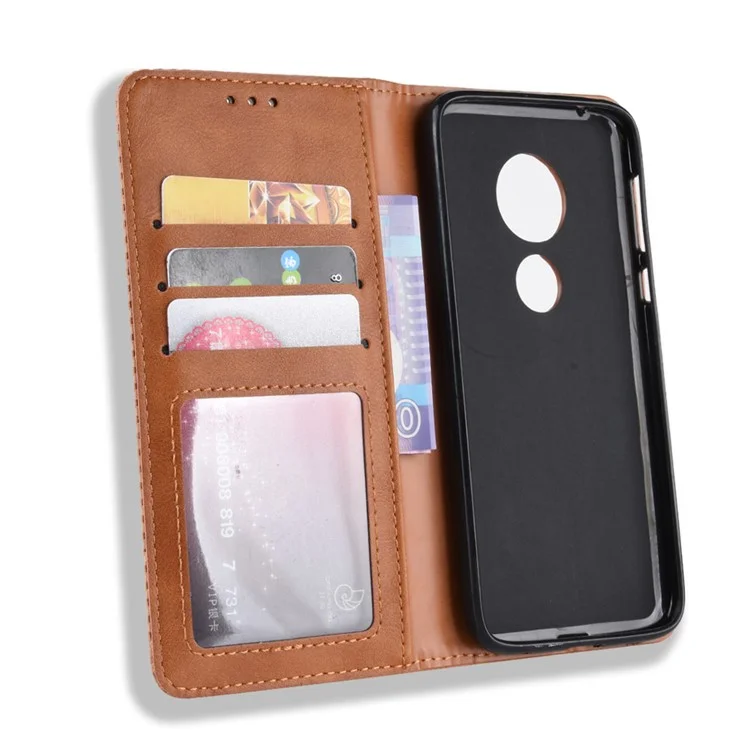 Vintage Style Leather Auto-absorbed Wallet Phone Case for Motorola Moto G7 Play (EU Version) - Brown