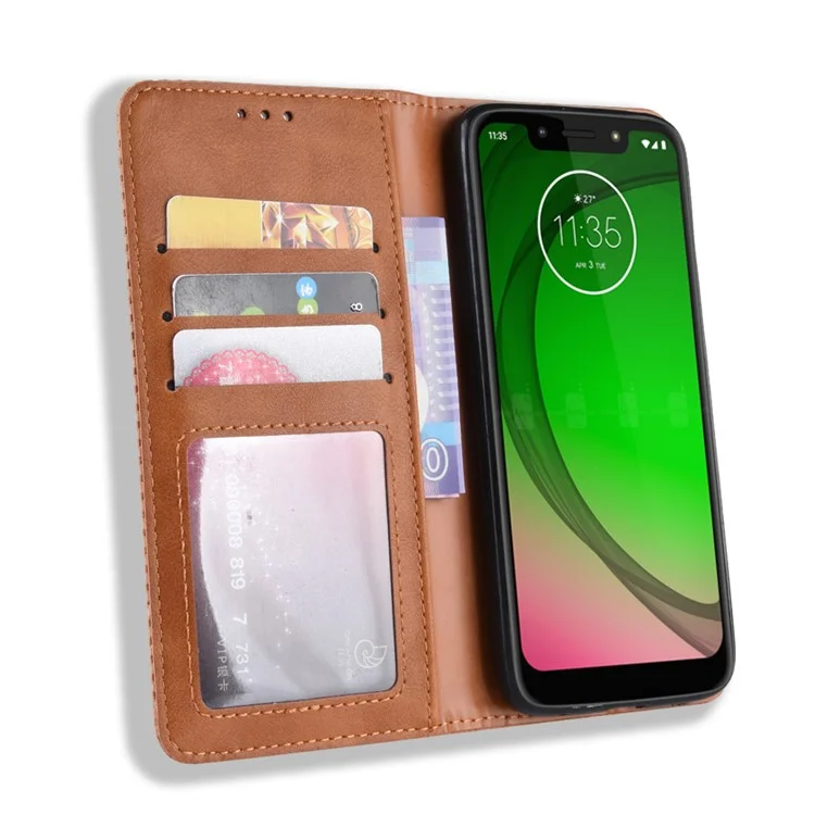 Vintage Style Leather Auto-absorbed Wallet Phone Case for Motorola Moto G7 Play (EU Version) - Brown