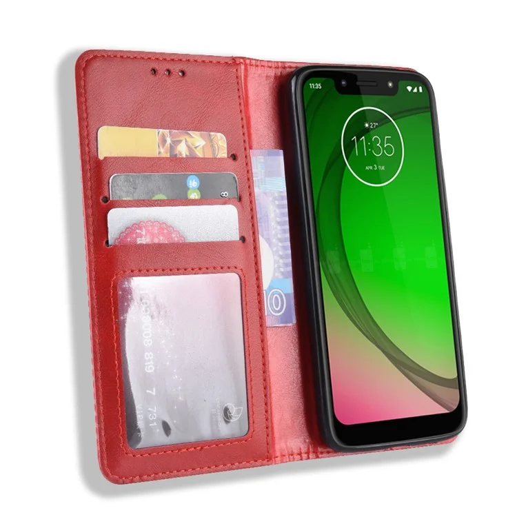 Vintage Style Leather Auto-absorbed Wallet Phone Case for Motorola Moto G7 Play (EU Version) - Red