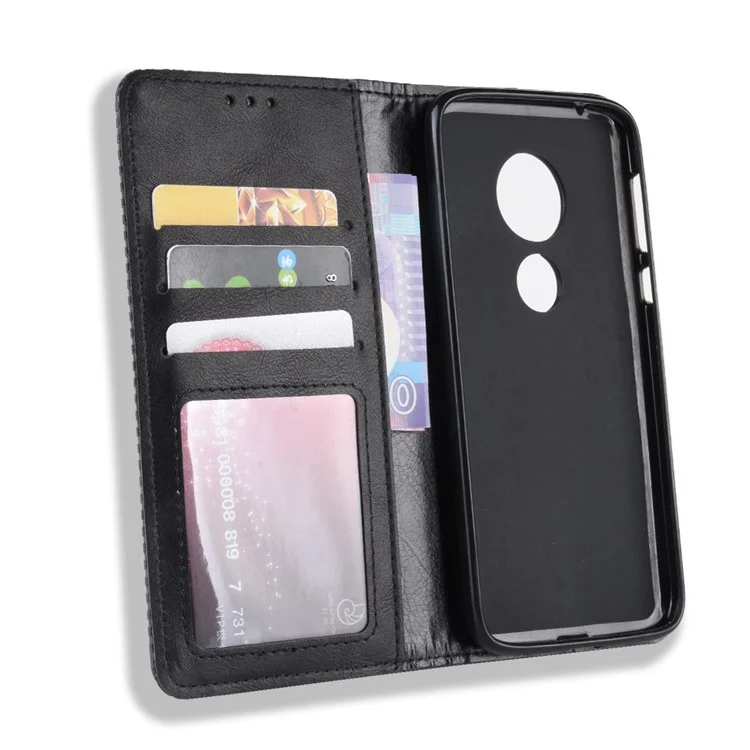 Vintage Style Leather Auto-absorbed Wallet Phone Case for Motorola Moto G7 Play (EU Version) - Black
