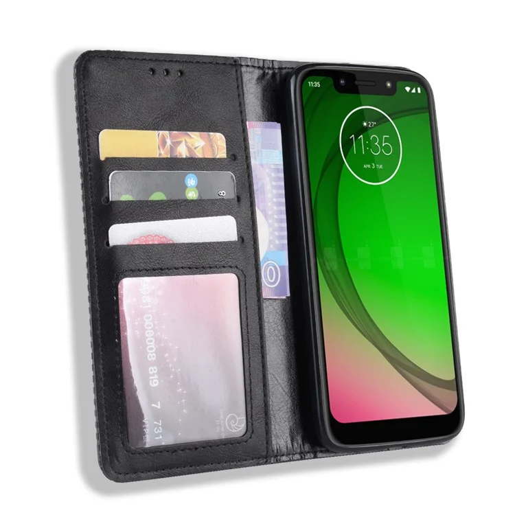 Vintage Style Leather Auto-absorbed Wallet Phone Case for Motorola Moto G7 Play (EU Version) - Black
