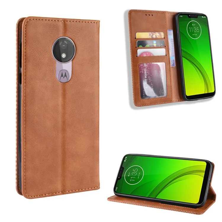 Auto-absorbed Vintage Leather Case Wallet Mobile Shell for Motorola Moto G7 Power (EU Version) - Brown