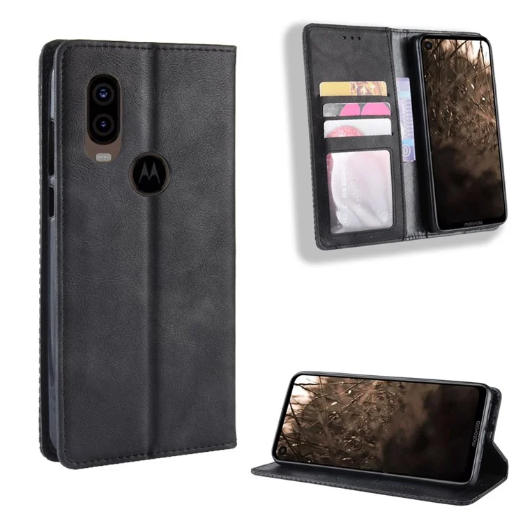 Auto-absorbed Vintage Leather Wallet Stand Shell for Motorola One Vision / P50 - Black