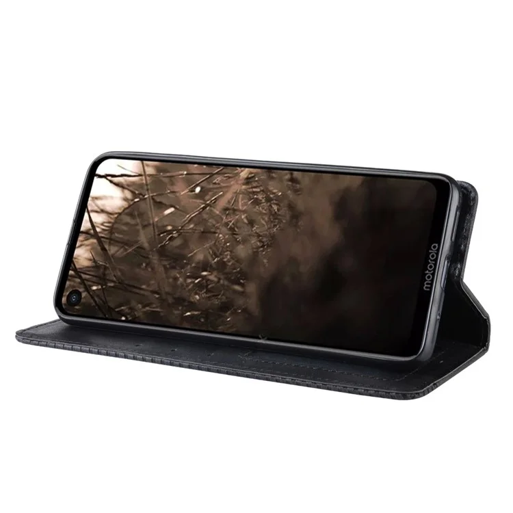 Auto-absorbed Vintage Leather Wallet Stand Shell for Motorola One Vision / P50 - Black