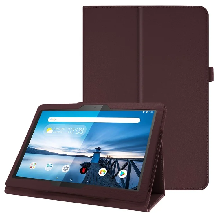 Anti-scratch Shockproof Litchi Texture Leather Stand Protective Phone Case Cover for Lenovo Tab M10 TB-X605F - Coffee
