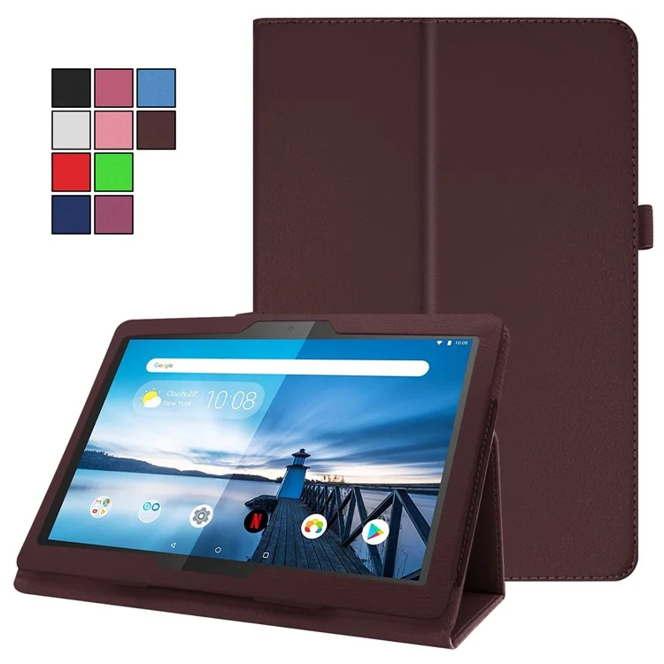Anti-scratch Shockproof Litchi Texture Leather Stand Protective Phone Case Cover for Lenovo Tab M10 TB-X605F - Coffee
