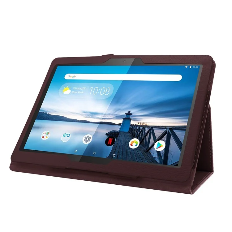 Anti-scratch Shockproof Litchi Texture Leather Stand Protective Phone Case Cover for Lenovo Tab M10 TB-X605F - Coffee