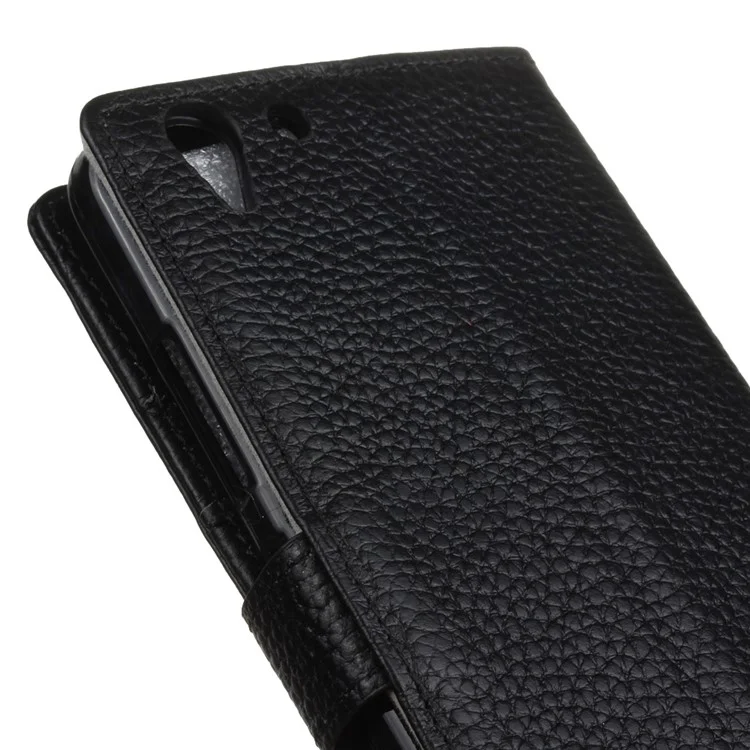 Litchi Genuine Leather Wallet Stand Case for Lenovo Vibe K5 Plus / K5 - Black