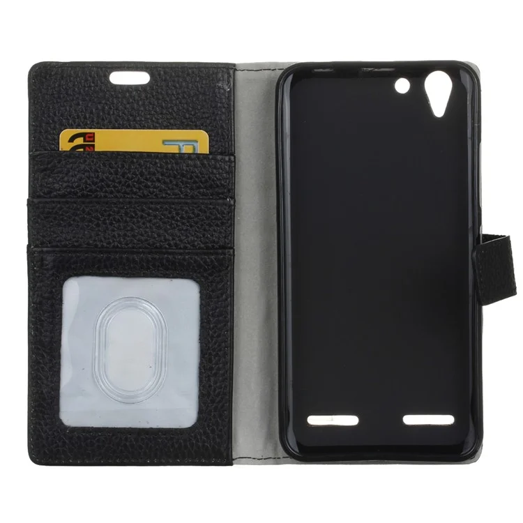 Litchi Genuine Leather Wallet Stand Case for Lenovo Vibe K5 Plus / K5 - Black