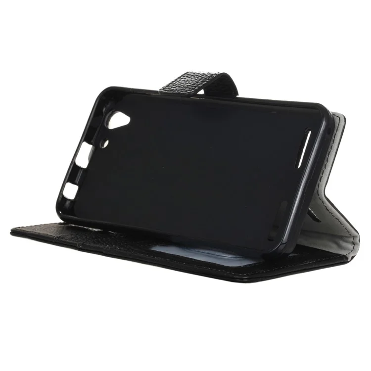 Litchi Genuine Leather Wallet Stand Case for Lenovo Vibe K5 Plus / K5 - Black