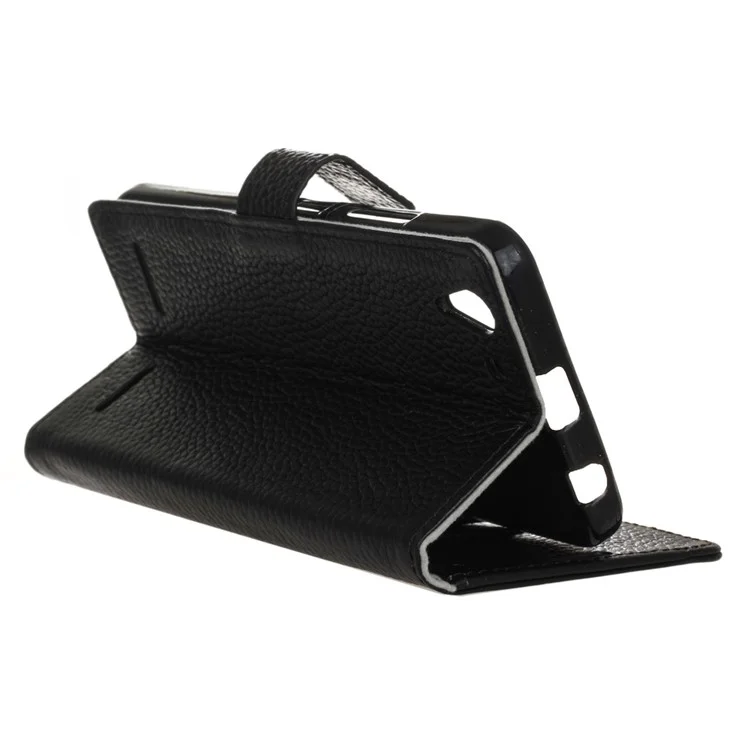 Litchi Genuine Leather Wallet Stand Case for Lenovo Vibe K5 Plus / K5 - Black