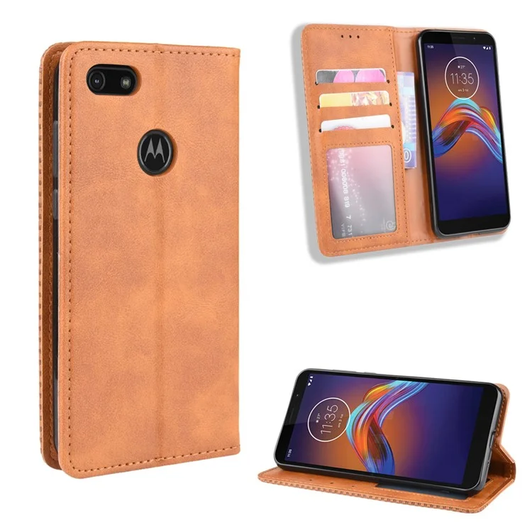 Retro Style Skin PU Leather Wallet Cover for Motorola Moto E6 Play - Brown