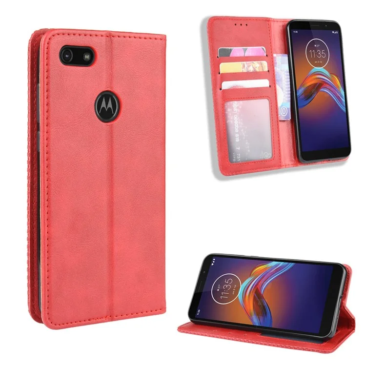 Tampa da Carteira de Couro PU de Estilo Retro Para Motorola Moto E6 Play - Vermelho