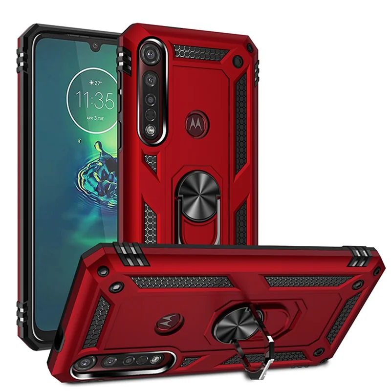 Hybrid PC TPU Kickstand Armor Mobile Phone Casing for Motorola Moto G8 Plus - Red