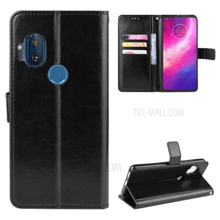 Crazy Horse Wallet Leather Case with Strap Shell for Motorola One Hyper - Black