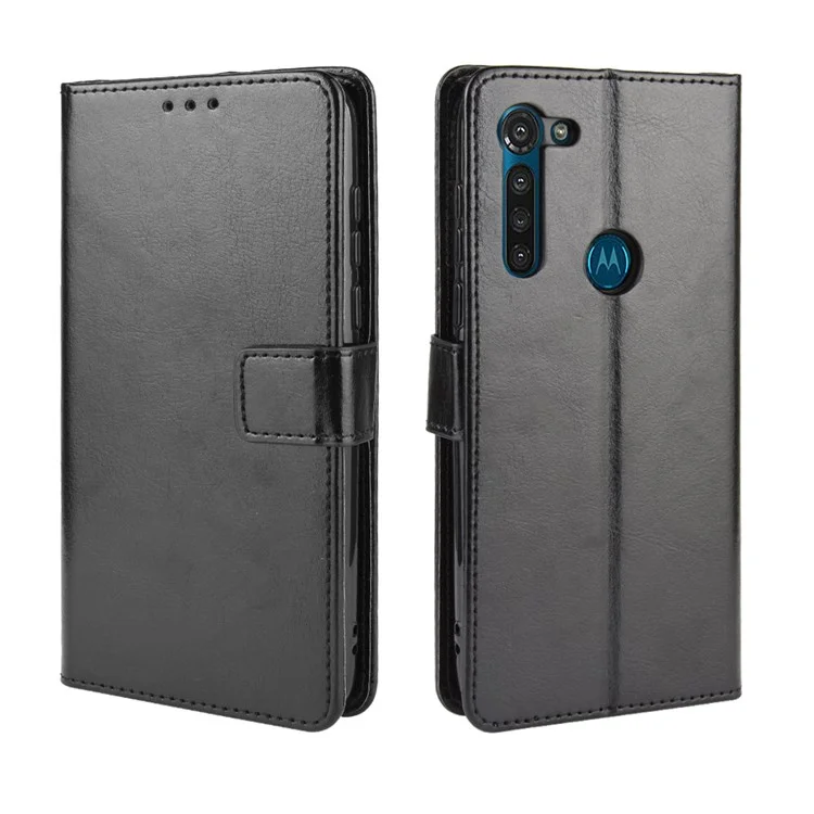 Crazy Horse Wallet Lederabdeckung Mit Riemen Für Motorola Moto G8 Power - Schwarz