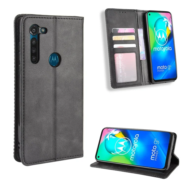 Vintage Style Magnetic Leather Wallet Phone Case for Motorola Moto G8 Power - Black