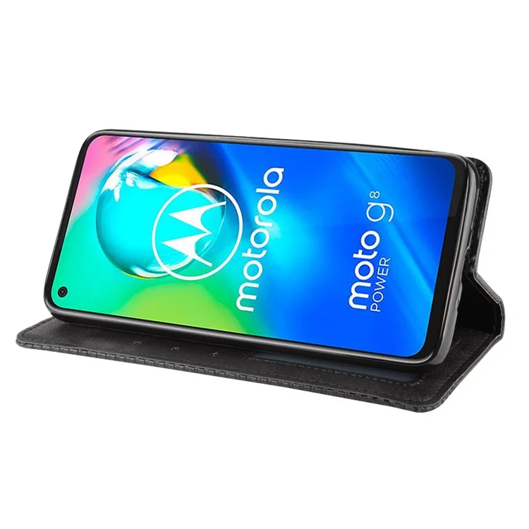 Vintage Style Magnetische Leder Brieftasche Handyhülle für Motorola Moto G8 Power - Schwarz