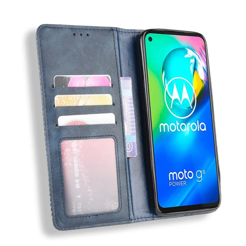 Vintage Style Magnetic Leather Wallet Phone Case for Motorola Moto G8 Power - Blue