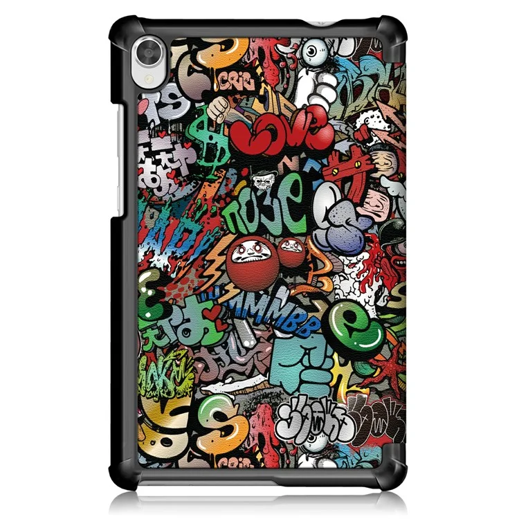 Impressão de Superfície Tri Dobrável PU Cover de Couro Para Lenovo Tab M8 (1ª Geração) HD8505/M8 (2ª Geração) HD8705 - Padrão de Graffiti