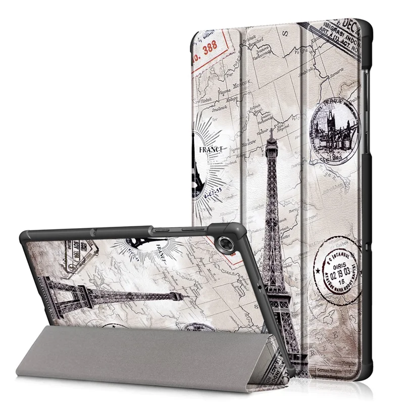 Pattern Printing Leather Smart Case Dual-Angle Tri-fold Stand Auto-Wake/Sleep Tablet Cover for Lenovo Smart Tab M10 FHD Plus/Tab M10 Plus TB-X606F - Eiffel Tower
