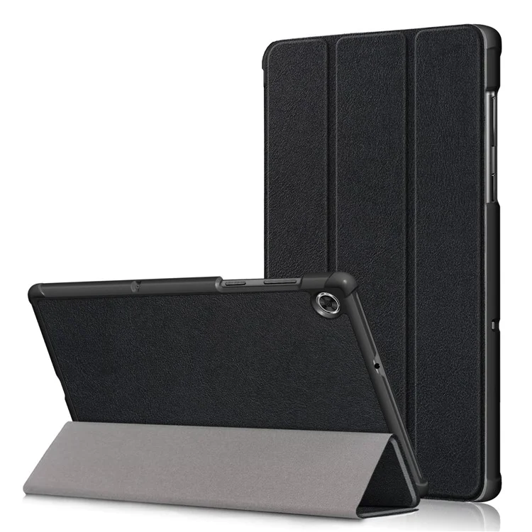 Coureau en Cuir Texturé Tri Fold Stand Board Auto Wake / Sleep Smart Tablet Cover Ultra Slim Pour Lenovo Smart Tab M10 FHD Plus / Tab M10 Plus TB-X606F - le Noir