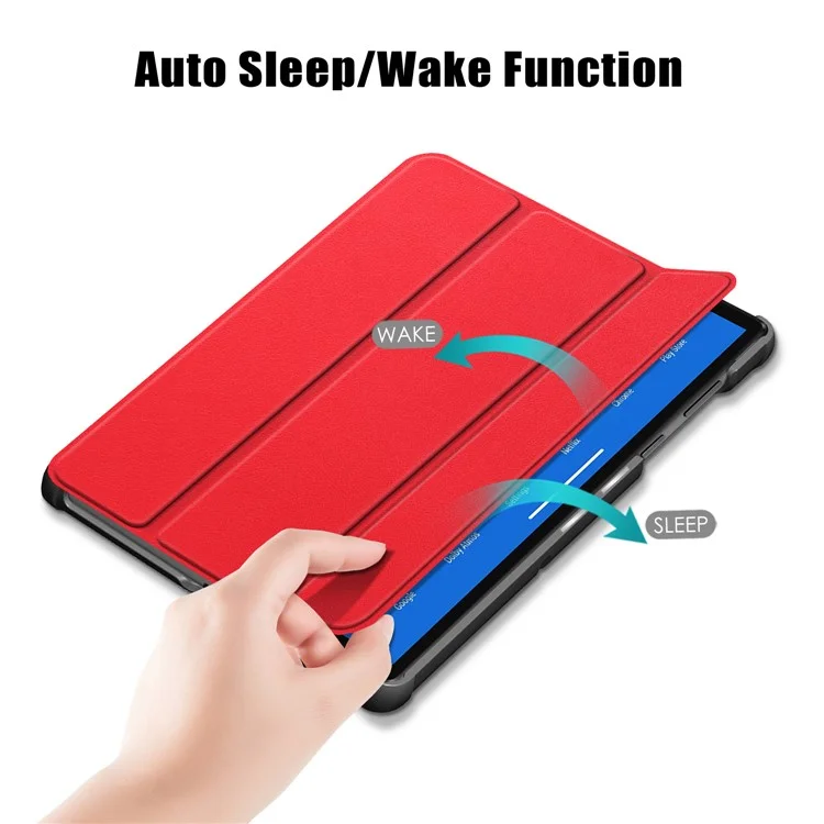 Текстурированная Кожаная Тройная Стенда Case Auto-wake/sleem Smart Tablet Cover Ultra Slim Для Lenovo Smart Tab M10 FHD Plus/Tab M10 Plus TB-X606F - Красный