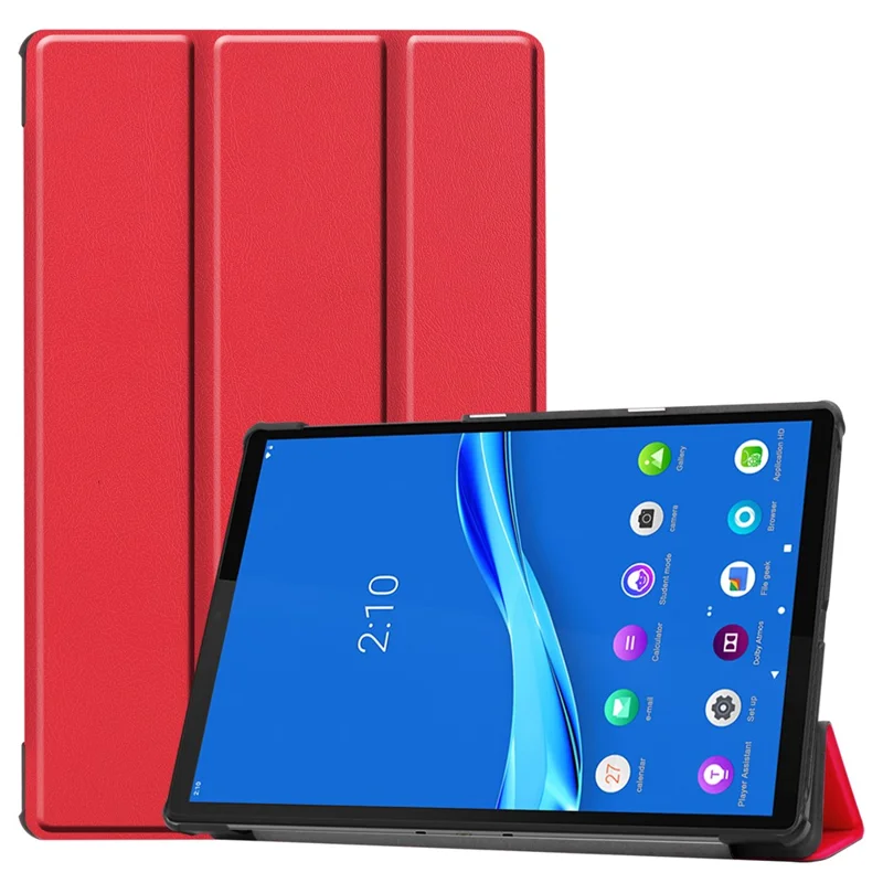 Tri-fold Leather Stand Case Textured PU Leather + PC Full Protective Tablet Case for Lenovo Tab M10 Plus TB-X606F - Red