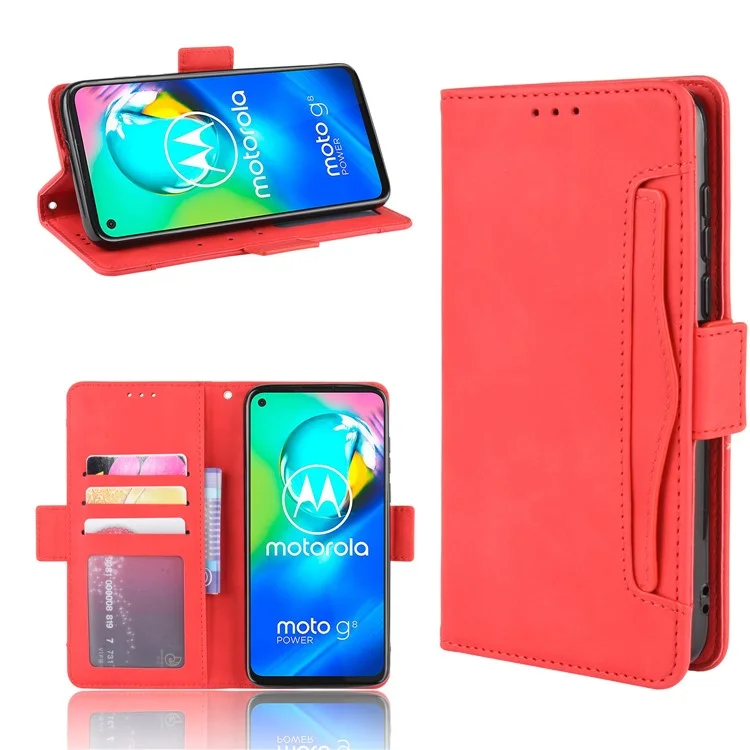 Wallet Stand Flip Leather Phone Cover with Multiple Card Slots for Motorola Moto G8 - Red