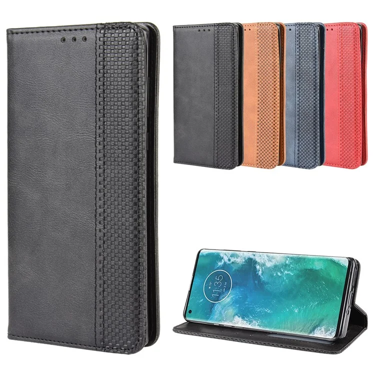 Retro Magnetic Leather Wallet Phone Cover for Motorola Edge Plus - Black