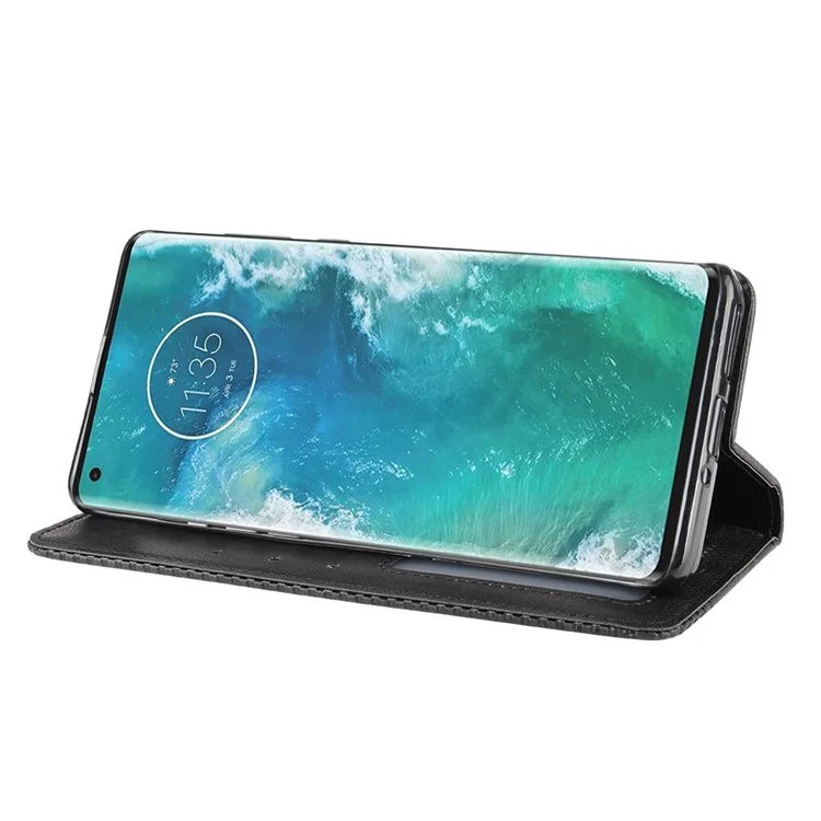 Cubierta de Teléfono de Billetera de Cuero Magnético Retro Para Motorola Edge Plus - Negro